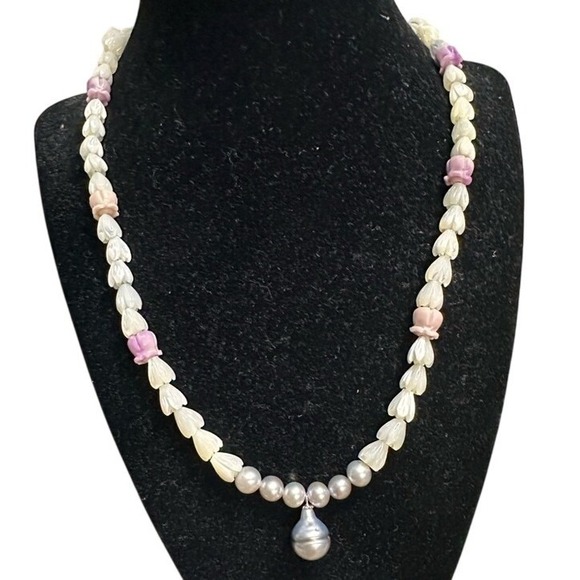 Handmade Jewelry - Tahitian Pearl Mother Of Pearl Pikake Freshwater Pearls W/Pua Kalaunu Necklace